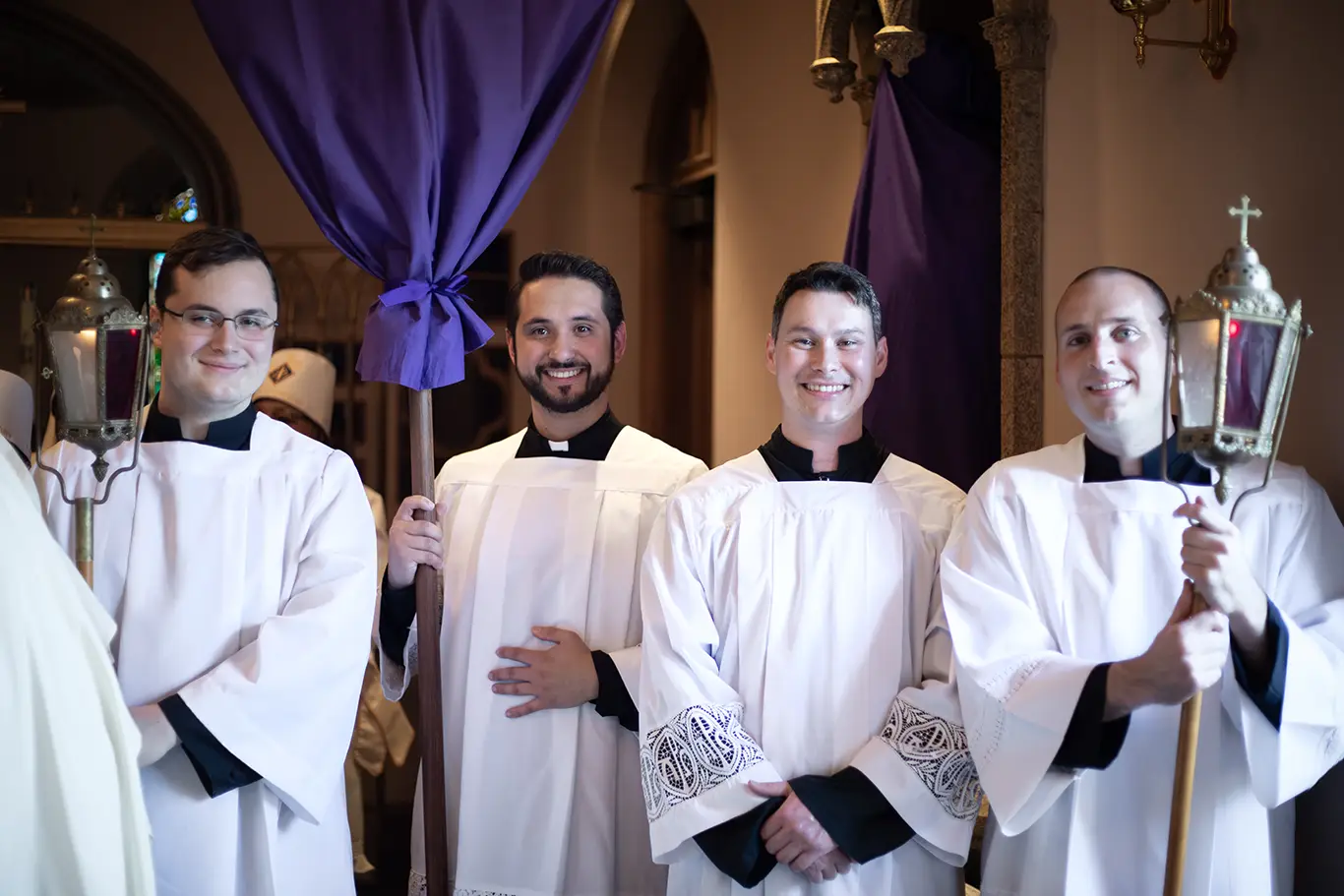 Four Diocese of Shreveport Seminarians serving as altar servers at the Chrism Mass, March 2026