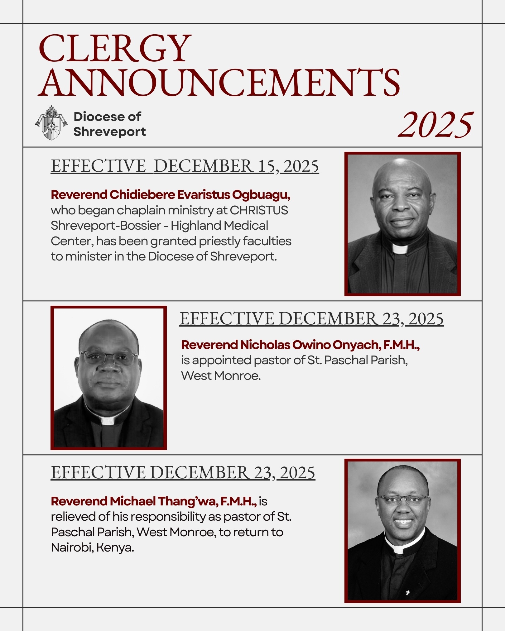 Clergy Announcement December 22, 2025